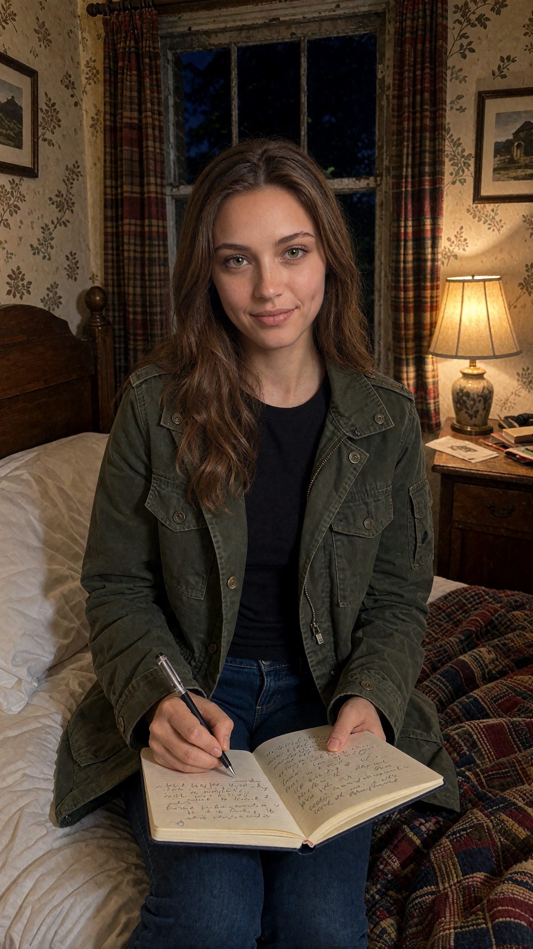 Nadia Reed, an AI-created character, sitting on a bed at night in an old terraced house, writing in her notebook