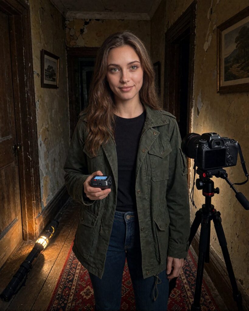 Nadia Reed, an AI-created character, holding a small audio recorder in a dark hallway beside a camera on a tripod