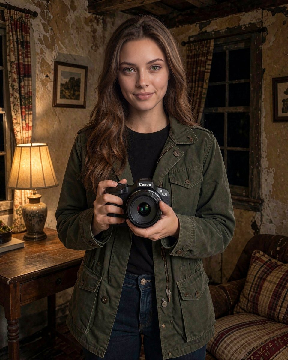Nadia Reed, an AI-created character, holding the Canon EOS R100 camera
