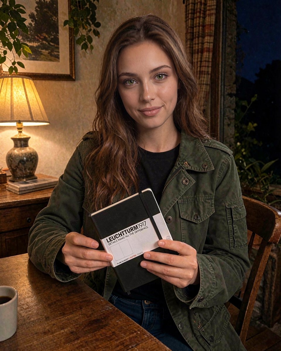 Nadia Reed, an AI-created character, holding the Leuchtturm1917 notebook