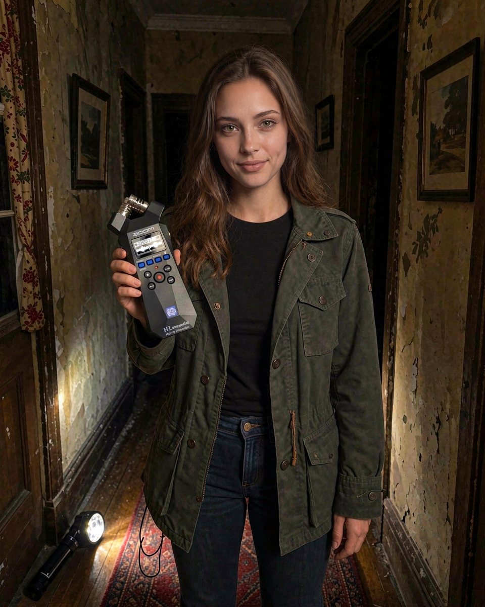 Nadia Reed, an AI-created character, holding the Zoom H1essential recorder
