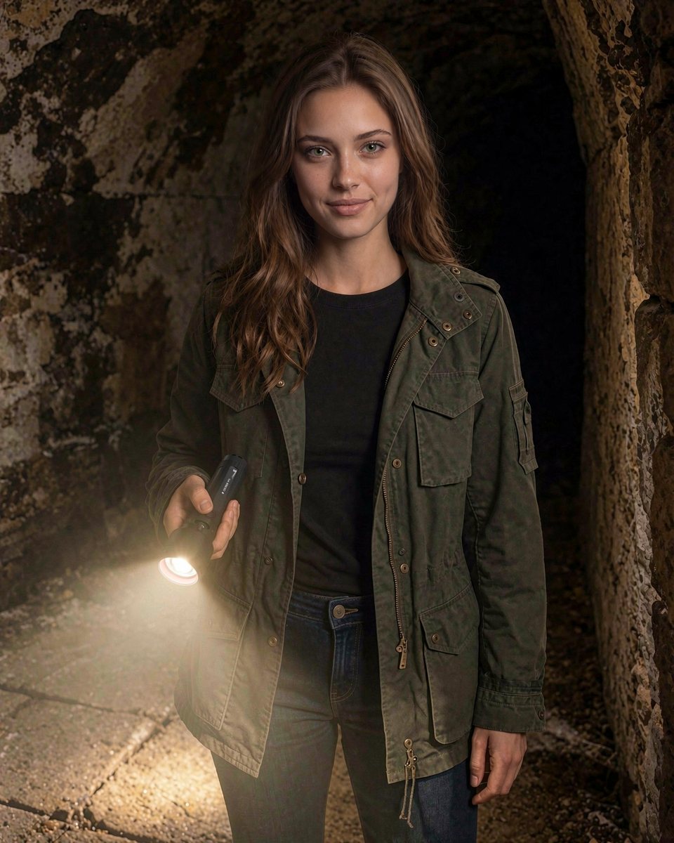 Nadia Reed, an AI-created character, holding the Ledlenser P7R torch
