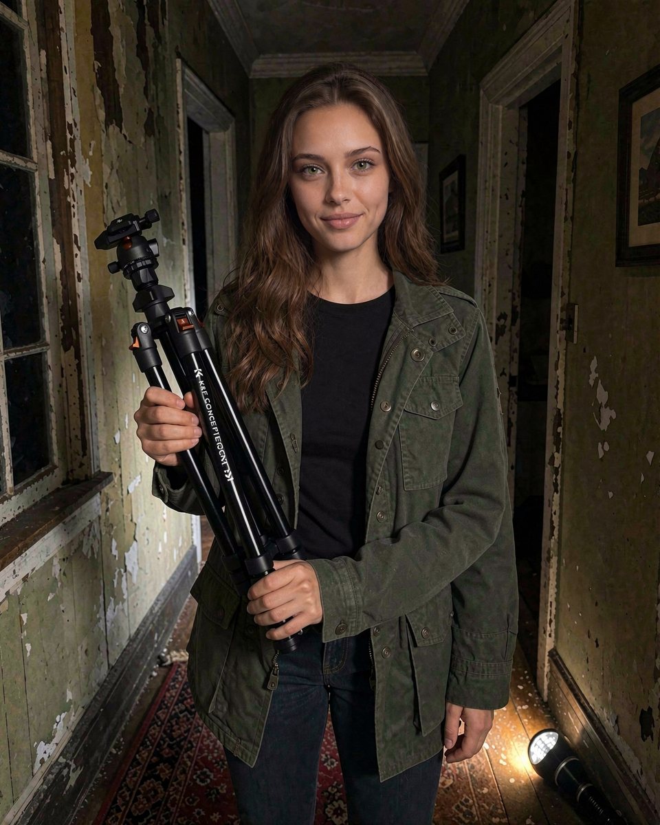 Nadia Reed, an AI-created character, holding the K&F Concept travel tripod